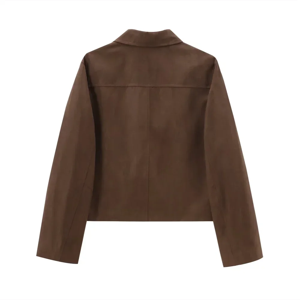 Women's cropped autumn blazer in suede, with a loose fit and long sleeves.