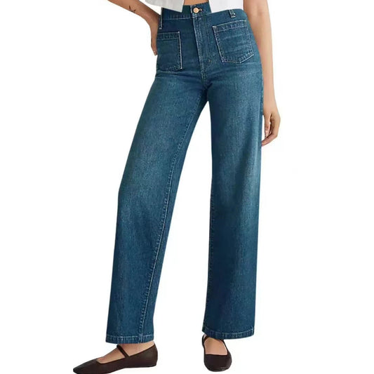 Women's High-Waisted Wide-Leg Jeans with Ripped Design and Square Pockets