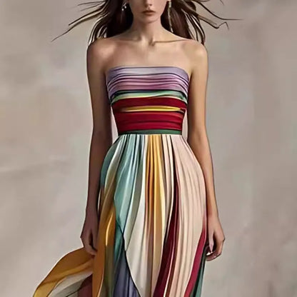 Women's Summer Long Dress Strapless Open Back Striped A-Line High Waist