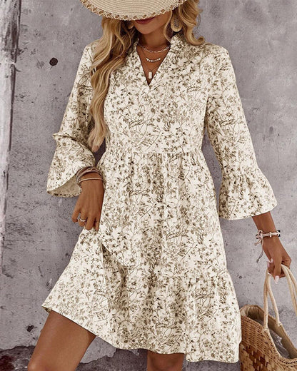 Women's Spring Dress with High Neckline, Flounce Sleeves, and Floral Print