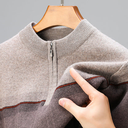 Men's Pullover Sweater with Zip Collar and Long Sleeves