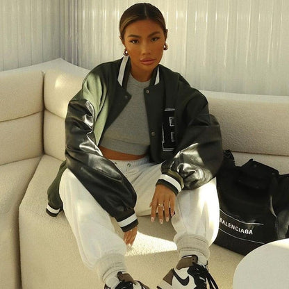 Women's Baseball Style Jacket with Letter Print and Button Closure