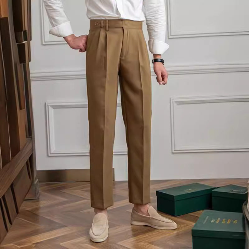 Pantaloni Uomo da Abito Dritti Vita Media Antipiega con Chiusura a Fibbia – Stile Formale