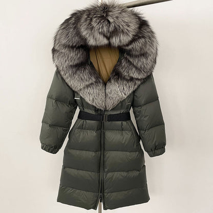 Women's Winter Coat with Long Hood and Removable Fur Collar