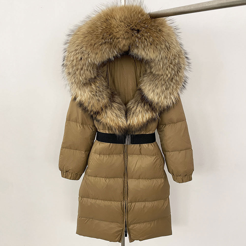 Women's Winter Coat with Long Hood and Removable Fur Collar