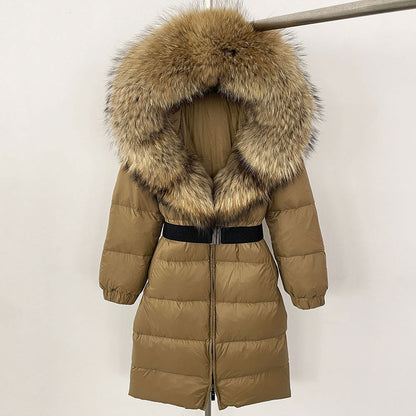 Women's Winter Coat with Long Hood and Removable Fur Collar