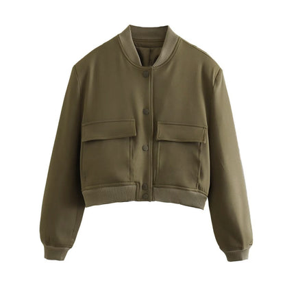 Chaqueta bomber de mujer para otoño con bolsillos delanteros y diseño liso