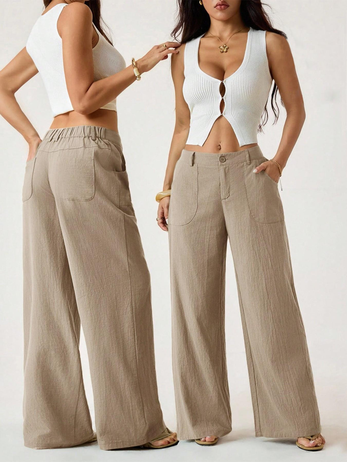 Pantaloni Da Donna Primaverili In Cotone E Lino A Gamba Larga, Con Vita Media E Tasche Laterali.