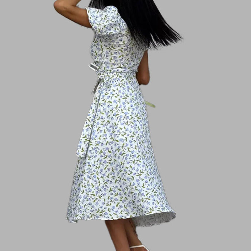 Vestido midi floral para mujer con escote en V y cintura alta – Vestido de verano elegante