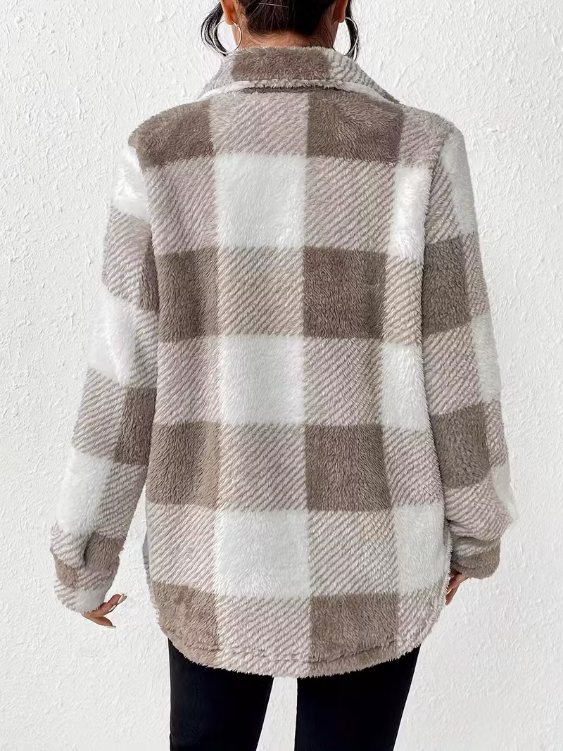Giacca Donna in Pile a Quadri con Bottoni – Stile Autunnale