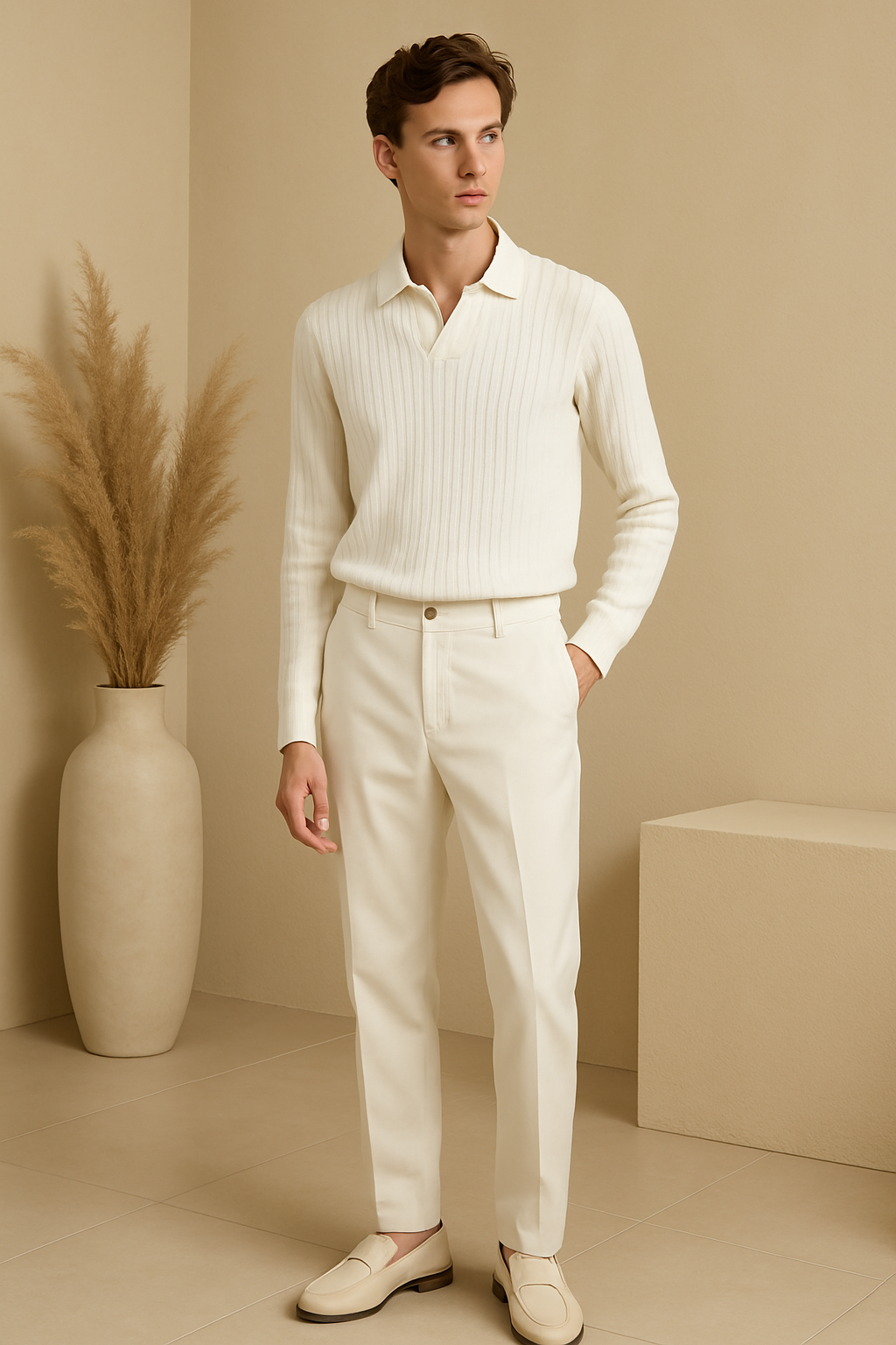Men's Long Sleeve Polo with Open Collar and Cream Ribbed Texture