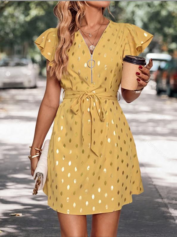 Vestido midi de verano para mujer con estampado de lunares, cintura alta y línea en A – mangas largas