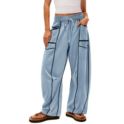 Women's Wide-Leg Pants with Drawstring and Stripe Pattern