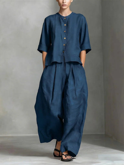 Two-Piece Women's Set in Cotton and Linen Shirt Style and Wide-Fit Long Pants