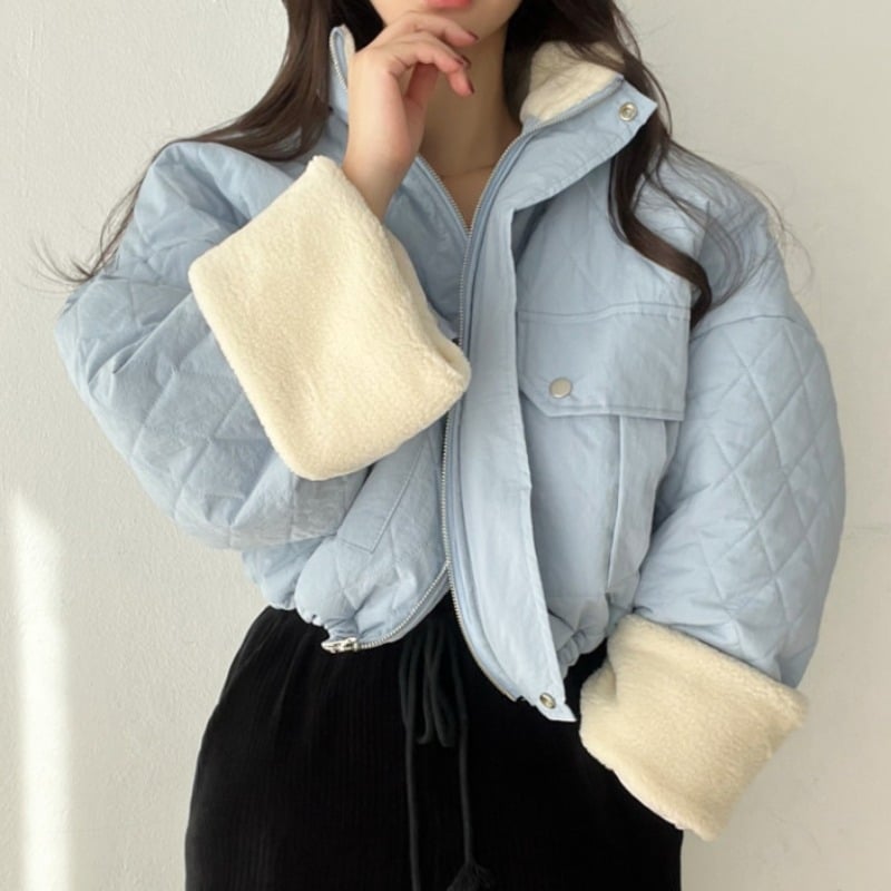 Women's Thick Winter Jacket with High Collar and Lamb Velvet Stitching