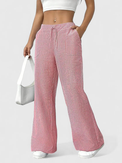 Women's Wide-Leg Pants with Elastic Waist, Drawstring, and Patch Pockets – Cotton Blend