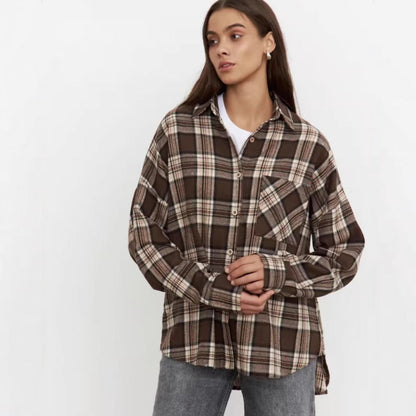 Women's Long Sleeve Shirt with Checkered Pattern and Turn-Down Collar