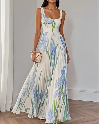 Blomstret sommerkjole til kvinder med plisseringer, tynde stropper og høj talje