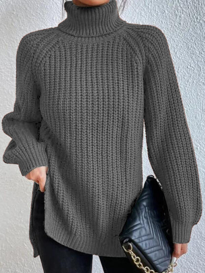 Maglione Donna con Collo Alto, Maniche Raglan e Spacco Laterale – Stile Versatile