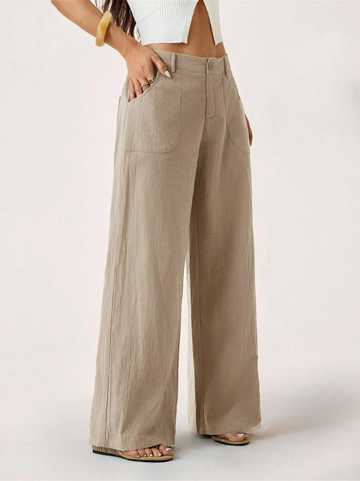 Pantaloni Da Donna Primaverili In Cotone E Lino A Gamba Larga, Con Vita Media E Tasche Laterali.