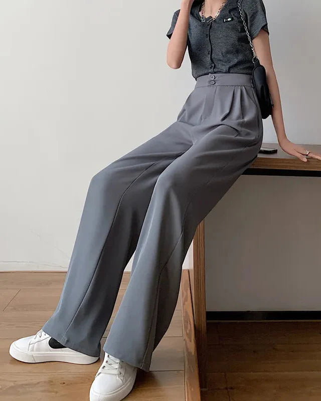 Pantaloni Donna Gamba Larga Vita Alta Design Morbido