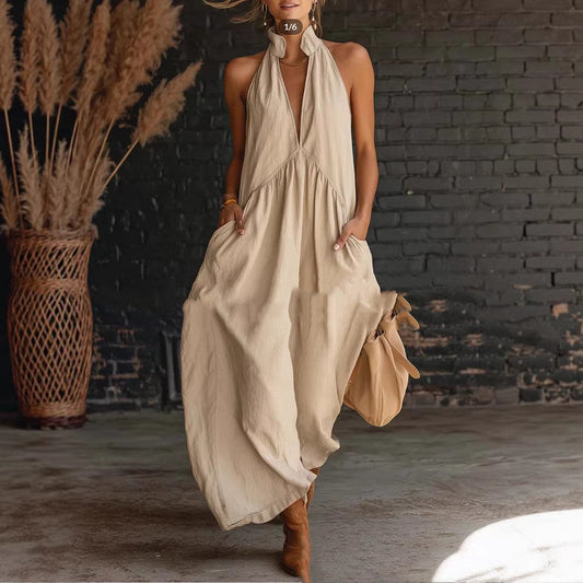 Abito da Donna Stile Resort con Colletto alla Coreana e Abbottonatura Frontale – Misto Cotone e Lino