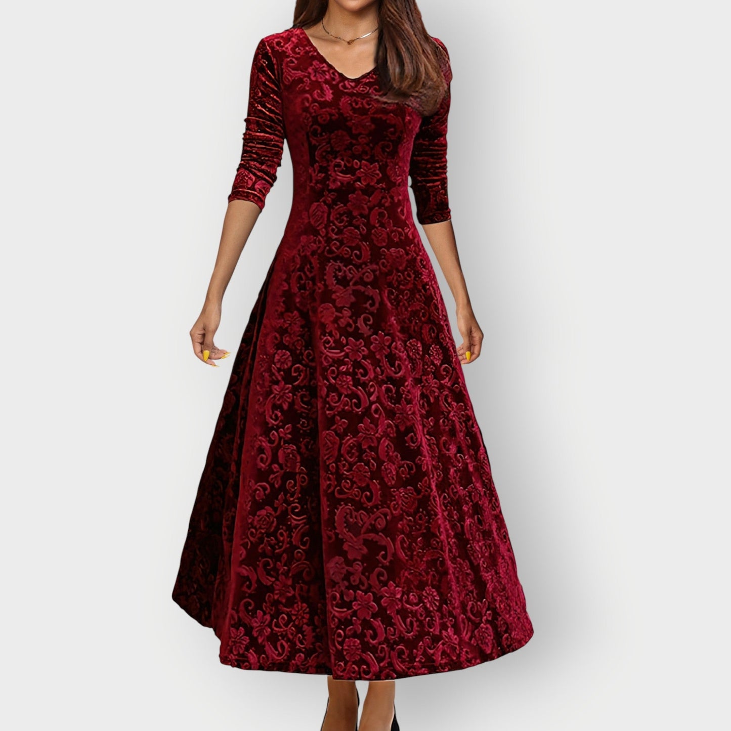 Women's Midi Jacquard Velvet Dress with V-Neck and Flared Skirt