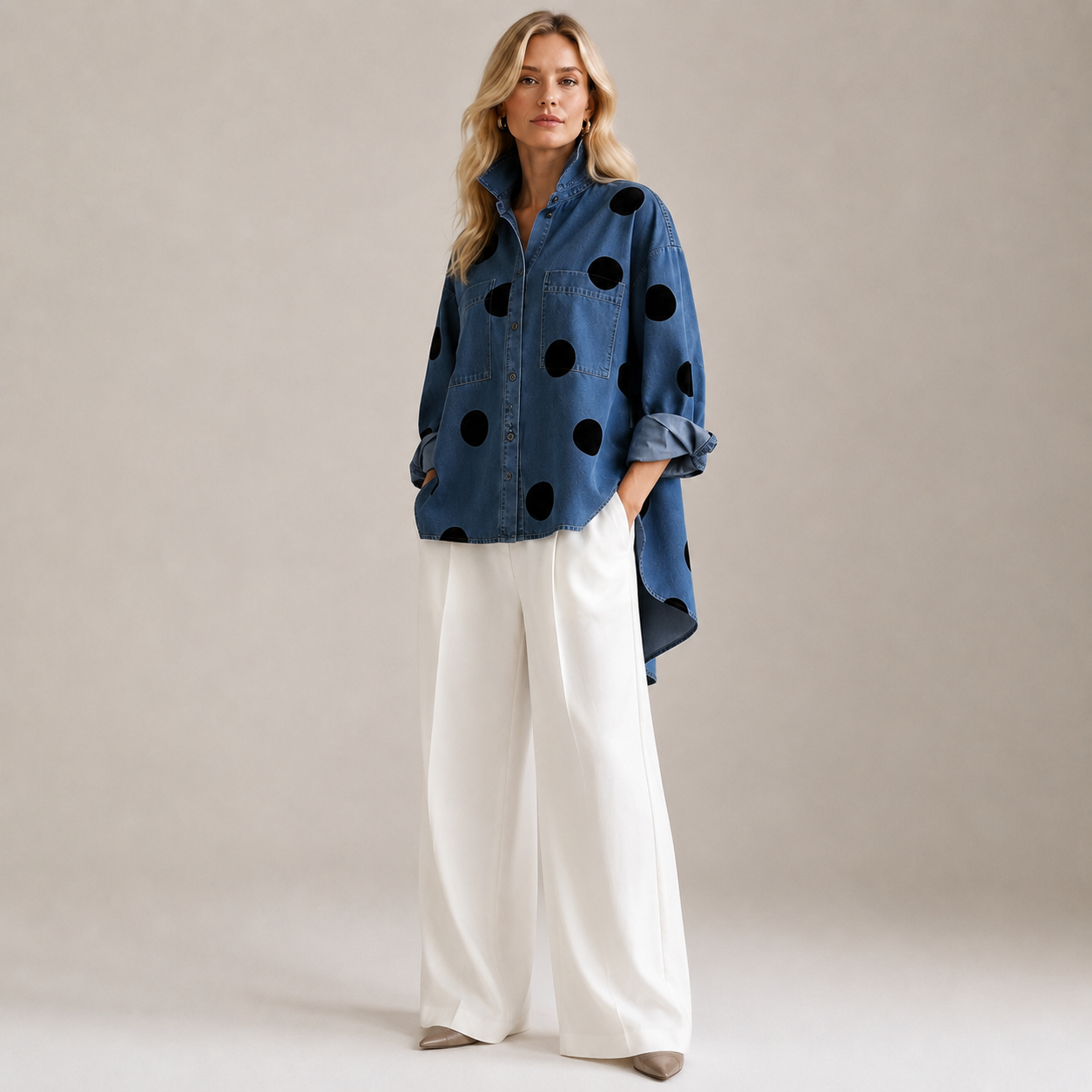 Dame Denim Skjorte med Prikket Mønster og Knapper – Denim Stil