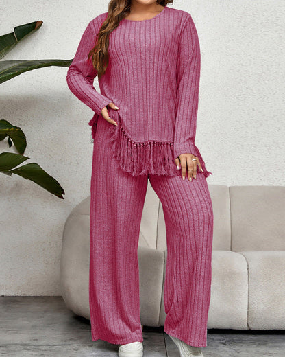 Women's Curvy Two-Piece Set with Fringed Top and Wide-Leg Pants – Casual Outfit