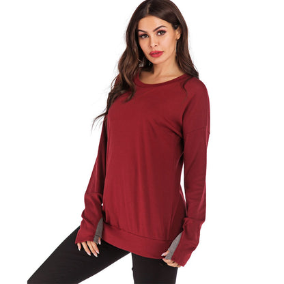 Jersey de mujer de manga larga con cuello redondo, ajuste holgado y color liso