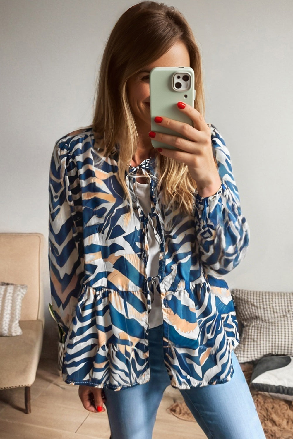 Women's Cardigan Sweater with Puff Sleeves and Blue Zebra Print