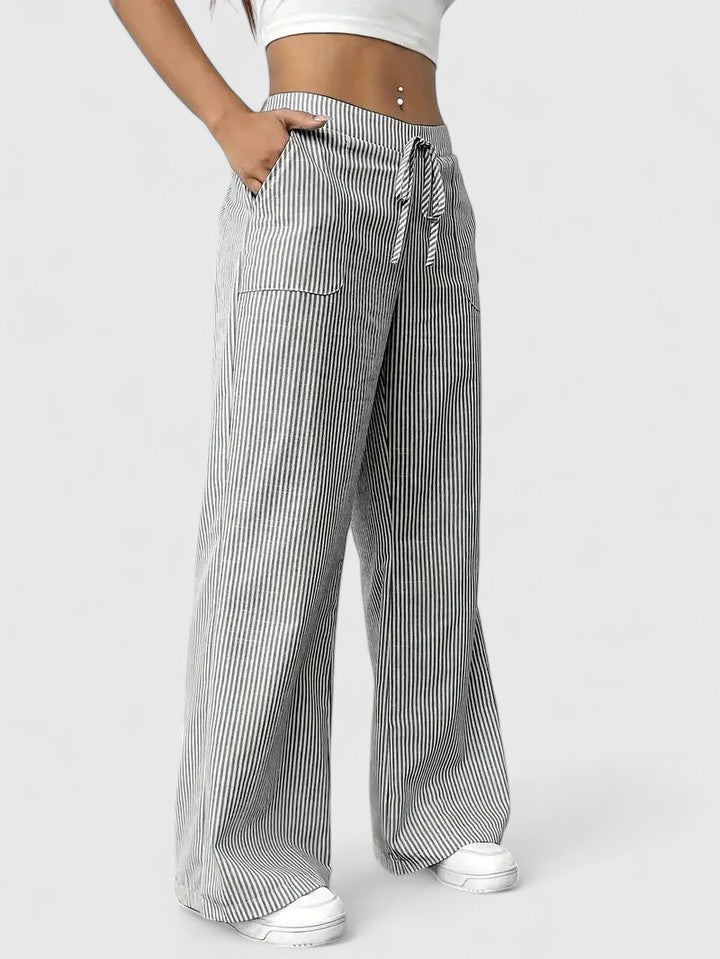 Women's Wide-Leg Pants with Elastic Waist, Drawstring, and Patch Pockets – Cotton Blend