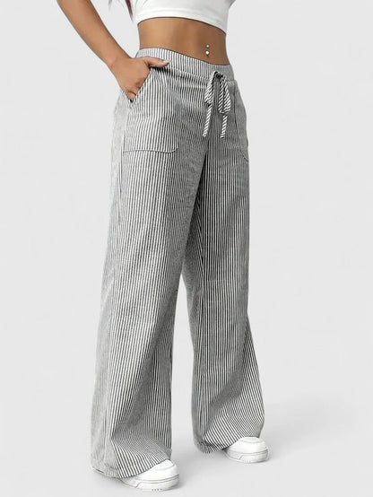 Women's Wide-Leg Pants with Elastic Waist, Drawstring, and Patch Pockets – Cotton Blend