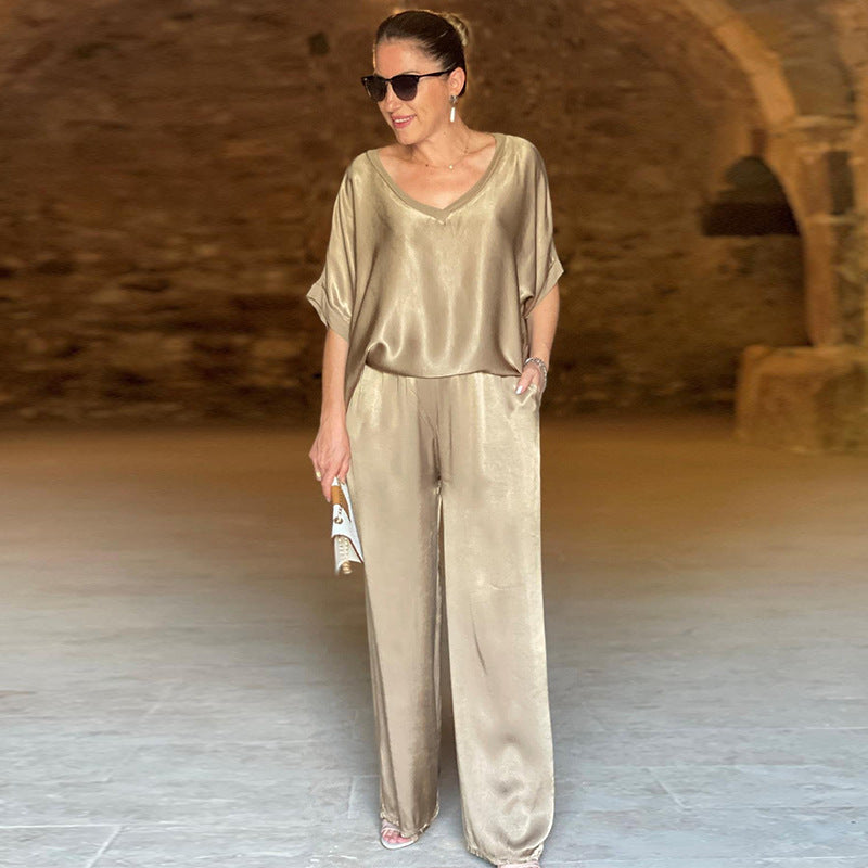 Women's Autumn Set with Casual V-Neck Top and Wide-Leg Pants – Loose Fit