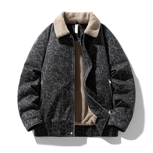Men's Vintage Winter Jacket with Leopard Print, Padding, a Shearling-Style Lapel Collar, and a Cropped Fit