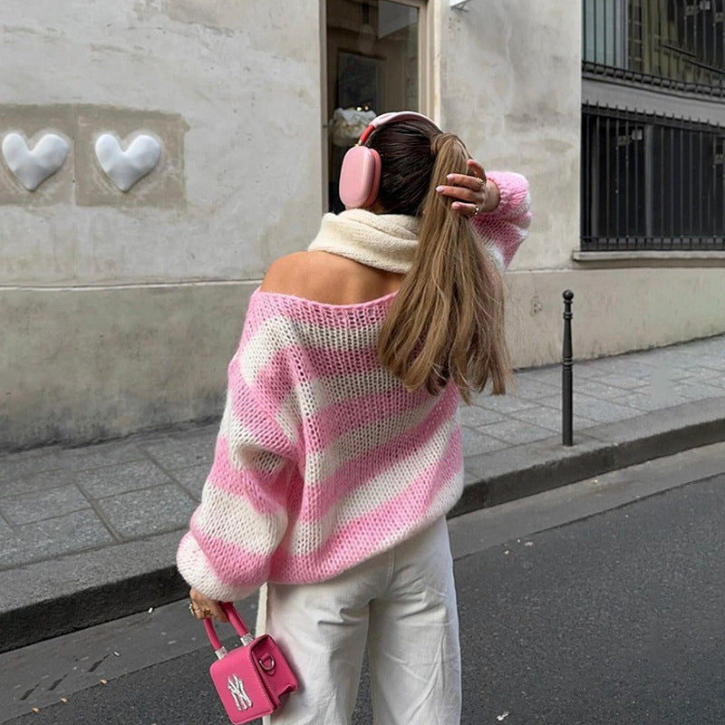 Dame langærmet stribet sweater med løs pasform og rund hals