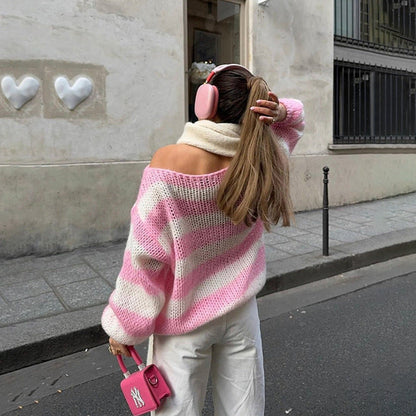 Dame langærmet stribet sweater med løs pasform og rund hals