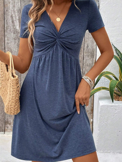 Women's Dress with V-Neck, Short Sleeves, Front Knot, and A-Line Silhouette