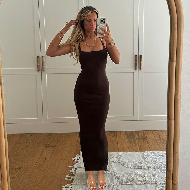 Abito Maxi Donna con Scollo all’Americana e Dettaglio Metallico – Abito Bodycon Elegante