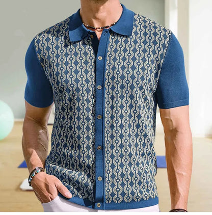 Herreskjorte med korte ærmer, reverskrave og geometrisk jacquardmønster – casual stil