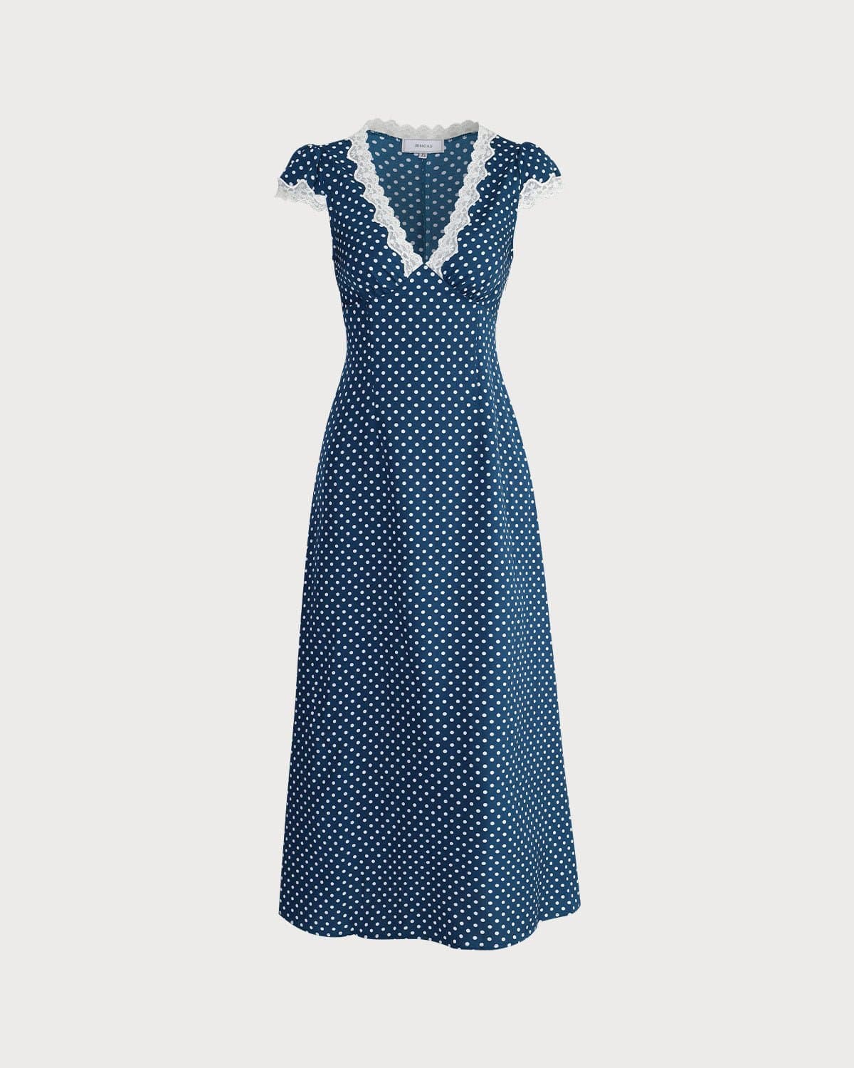 Abito Maxi da Donna con Profondo Scollo a V, Pizzo e Motivo a Pois