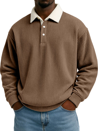 Camisa de hombre de pana retro color block con estampado de rayas y manga larga
