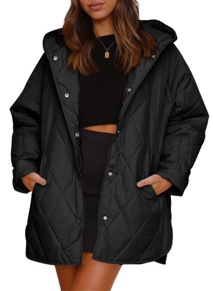 Women's Quilted Diamond Jacket with Hood and Front Pockets