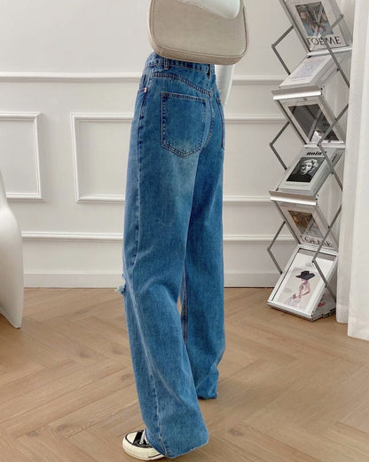 Women's Dark Blue Wide and Straight Leg Pants with Zip and Button Closure