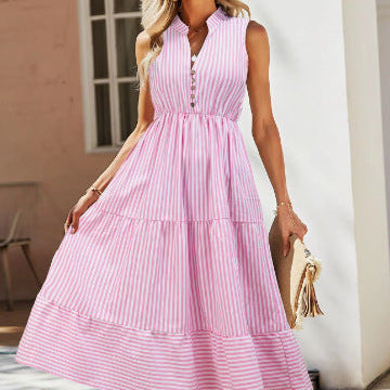 Women's Sleeveless Vertical Stripe Midi Dress with High Waist – Elegant A-Line Dress