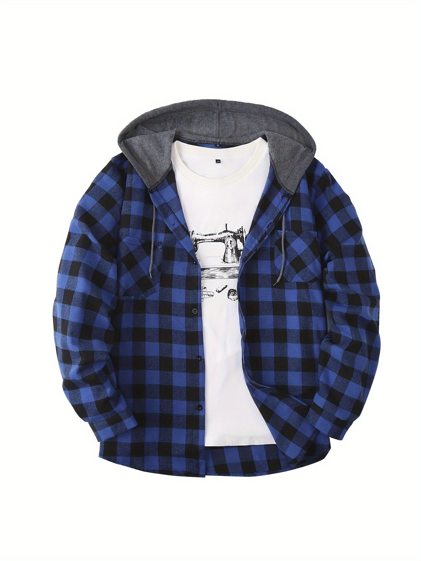 Men's Autumn Flannel Shirt-Jacket with Hood and Checkered Pattern