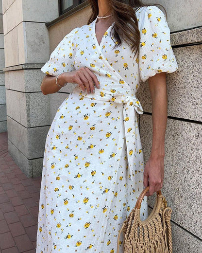 Vestido de Verano para Mujer Floral con Escote en V y Atadura Frontal – Vestido Elegante de Verano