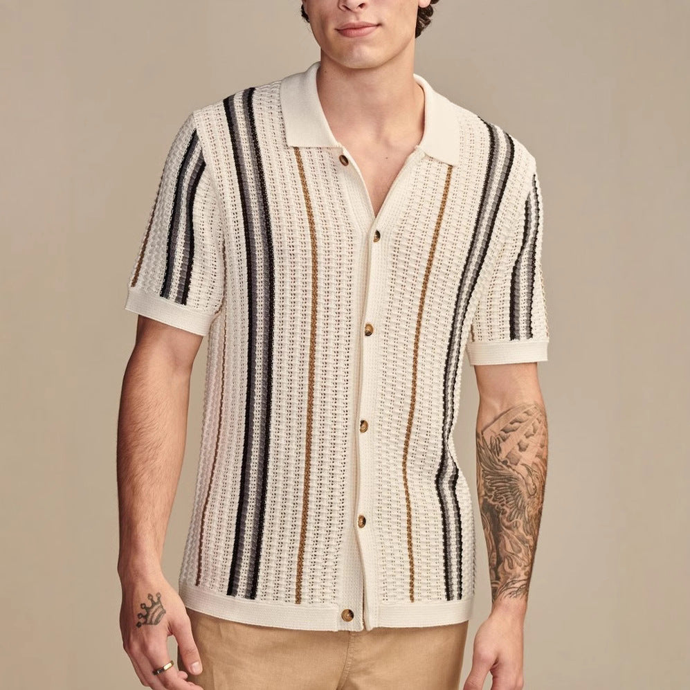 Polo Uomo Estiva a Righe Traforate con Maniche Corte – Stile Britannico Casual