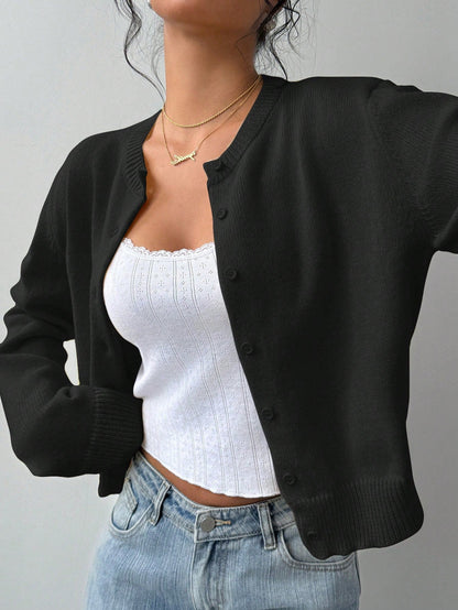 Cárdigan de punto ajustado para mujer con cuello redondo y mangas largas