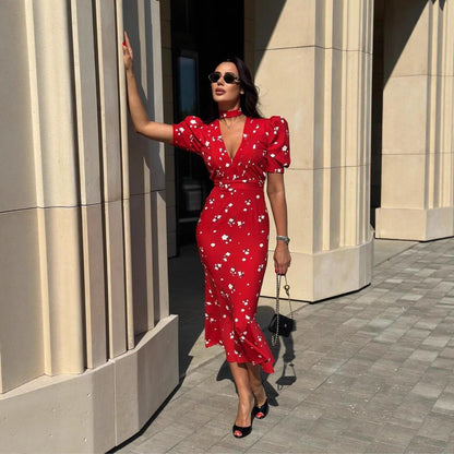Women’s Floral Summer Dress with Puff Sleeves and A-Line Skirt